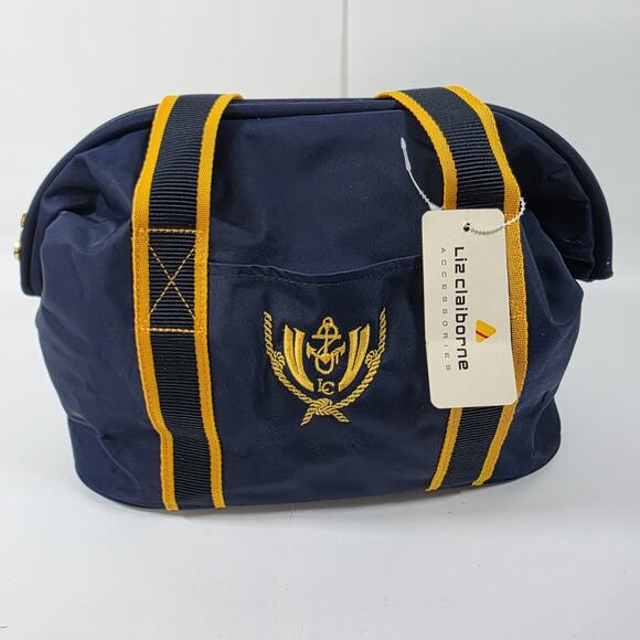 Liz Claiborne Nautical Tote Travel Bag Duffle Anchor Small Nylon Blue Yellow 90s - Picture 3 of 16